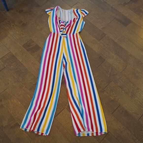 Color Me Courtney Short Sleeve Striped Jumpsuit Multicolor Womens Size 2 - Picture 3 of 7